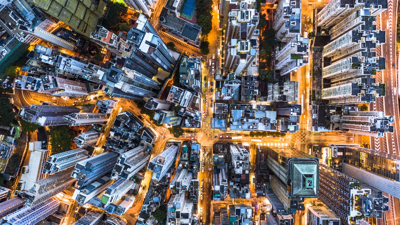 A view of a city and its buildings from above