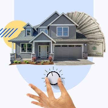 Closeup of a hand turning a dial with a house and a stack of cash in the background