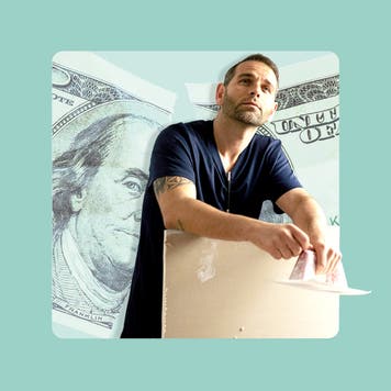 A man standing in front of an illustration of ripped money
