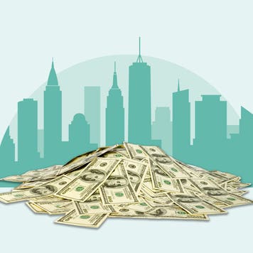 Design element of a pile of cash with a illustration of a city in the background